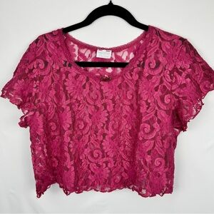 Fuchsia Pink Rose Paisley Y2K Babydoll Lace Trim Cropped Baby Tee Women’s Large